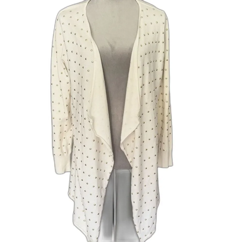 Premise XL Ivory Gold Studded Open Front Waterfall Cardigan Sweater Womens